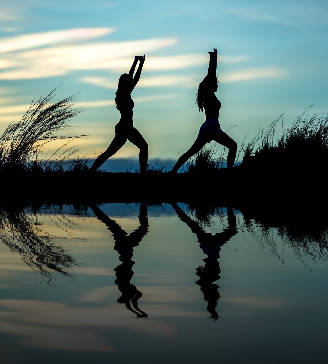 women, yoga, silhouettes, water, reflection, nature, mirroring, water reflection, pose, posing, yoga pose, meditation, stretching, wellness, well-being, exercise, adults, asia, girls, morning, outdoors, pair, people, stance, sunrise, sunset